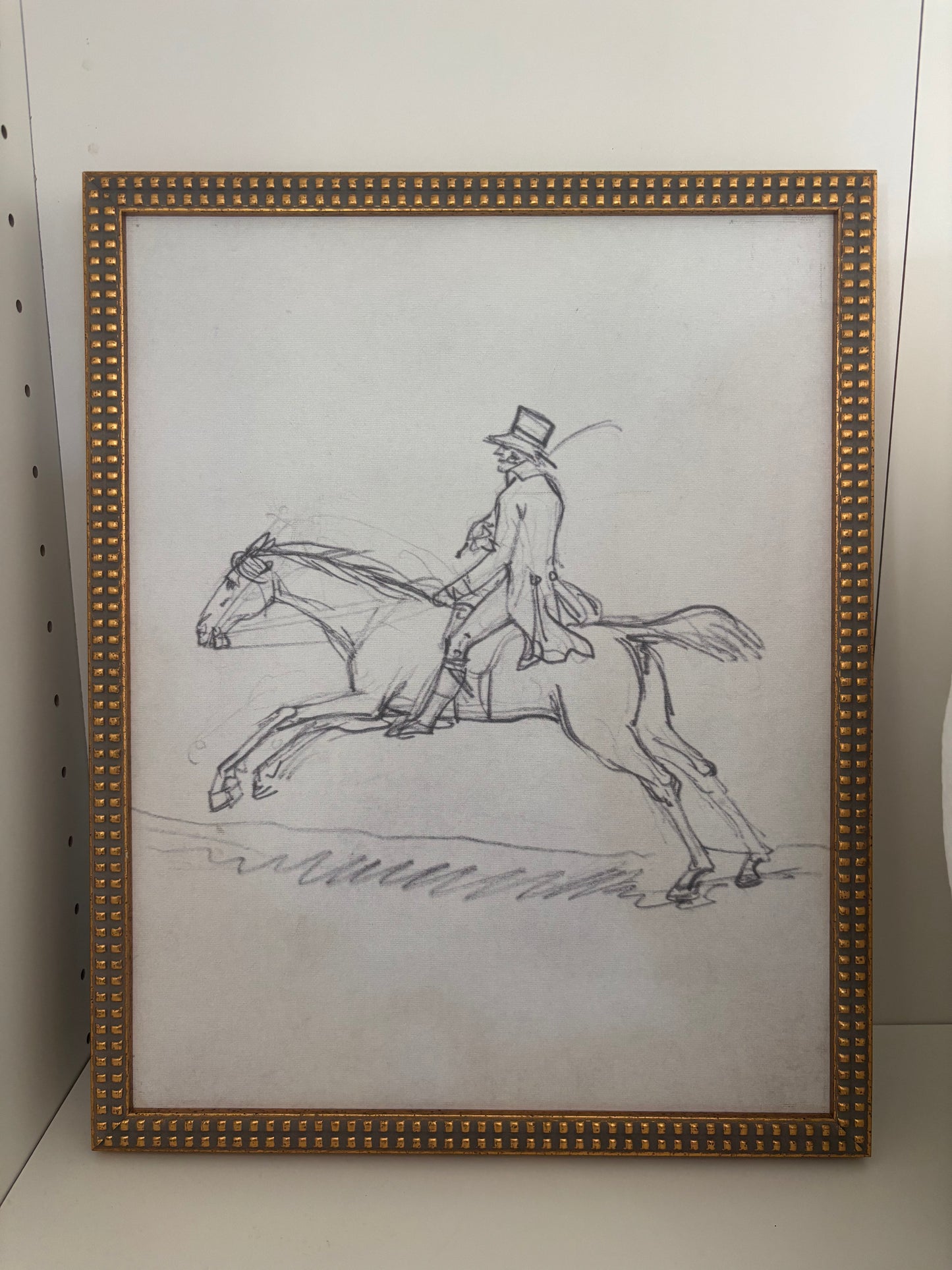 Cowboy On Horse Sketch Art With Beaded Gold Frame