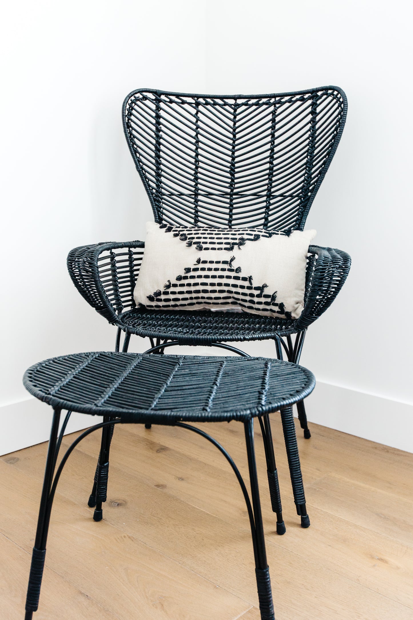Black Rattan Wingback Chair & Ottoman Set
