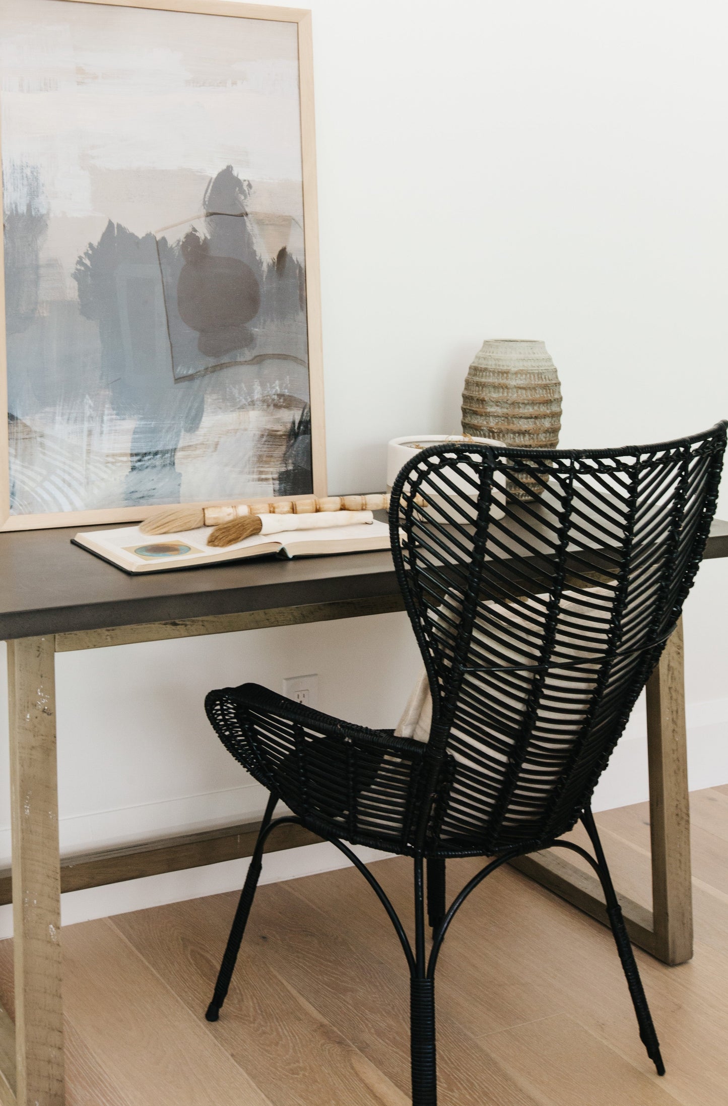 Black Rattan Wingback Chair & Ottoman Set